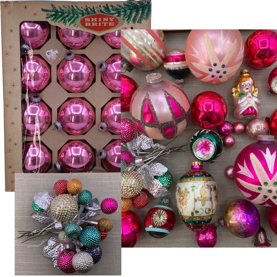 45 Mid Century Candy Pink & Magenta Shiny Brite, West Germany, Mercury Glass Christmas Ornaments: One vintage Shiny Brite box (age and old tape to the paperboard) holding 12 candy pink glass bulbs and a bevy of West Germany, Japan and Shiny Brite ornaments from 3/4" to 3 1/2", a wired bundle of gl