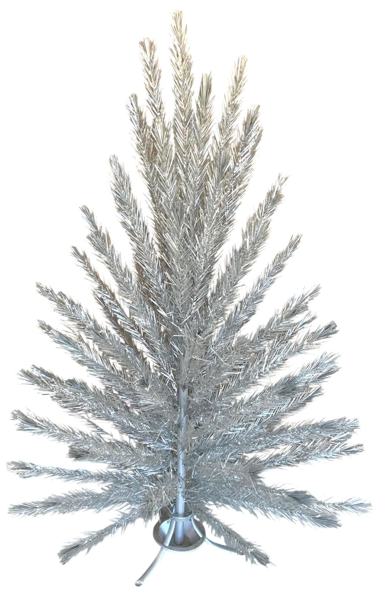 Mid Century 6 Foot Tall Angel Pine Silver Aluminum Christmas Tree with Sleeves & Box: 91 branches (89 holes, 2 extra branches - all the same length), silver painted wood trunk and metal stand, original assembly instruction sheet and stand bag, 6' 2" total height, the tree is structural
