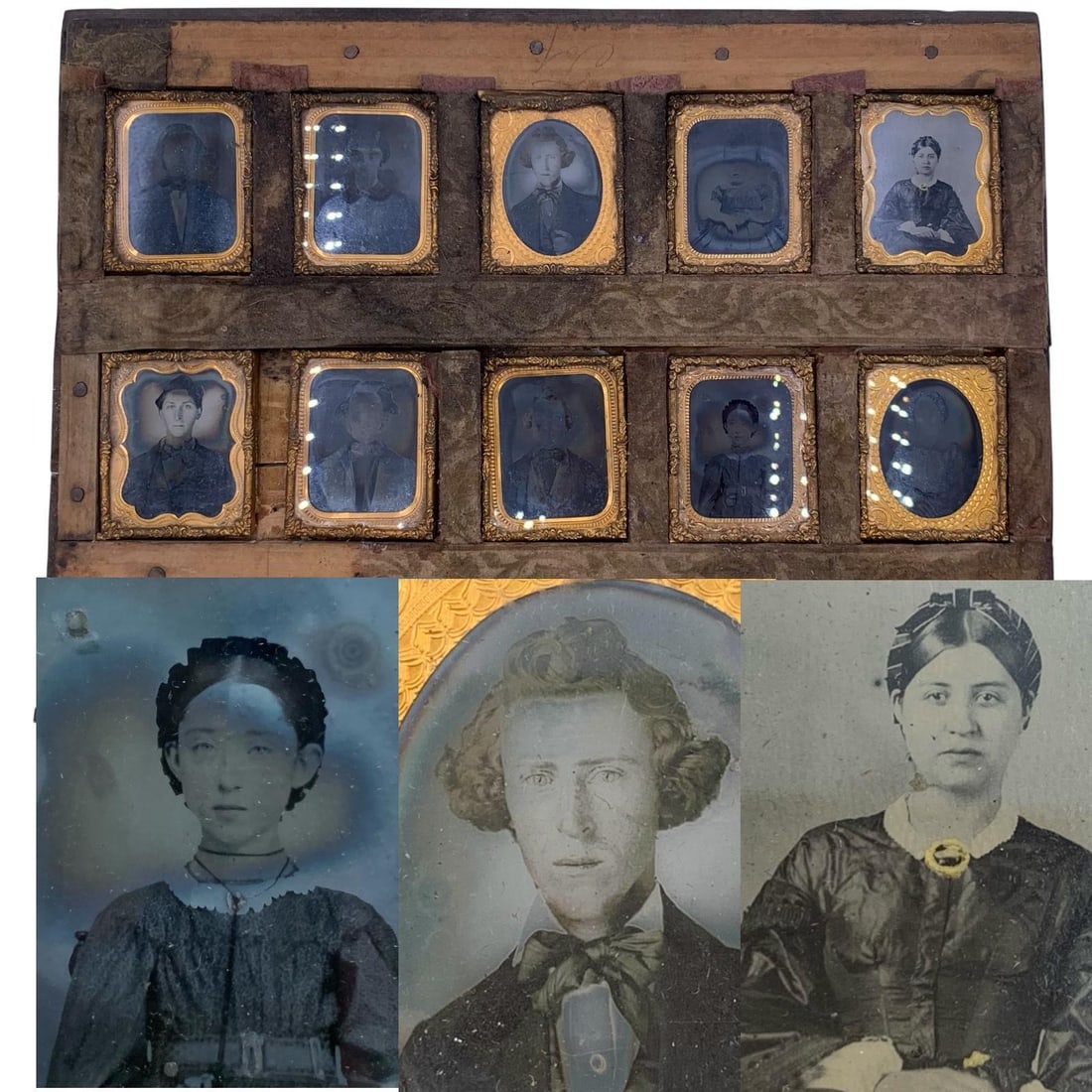 10 Unusual Antique 1850s-1860s Victorian Ambrotype Glass Plate Photographs on Early Wood Panel: Wood base with remnants of dimensional burnout velvet fabric overlay, embossed foil framing, interesting images, 13 5/8" x 10" panel size.