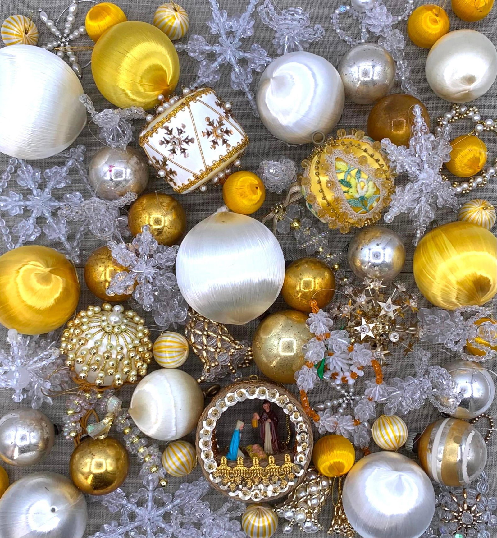 95 Vintage Saffron, Gold & Cream Pierced, Pinned, Mercury Glass, Beaded Christmas Tree Ornaments (1 of 14)