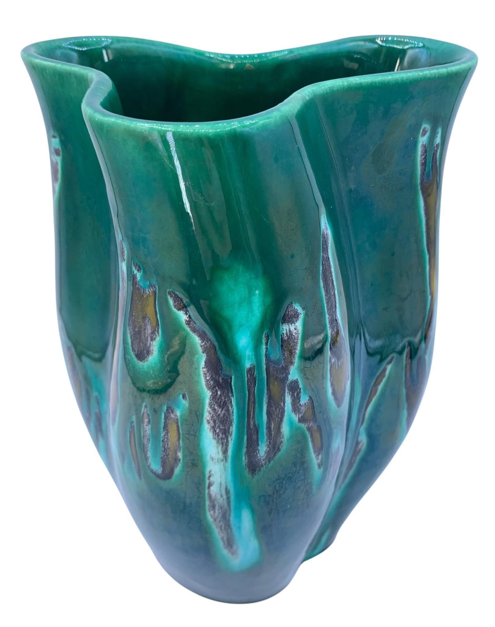 Large Mid Century ROYAL HAEGER Emerald Green & Sienna Asymmetrical Biomorphic Vase (1 of 9)