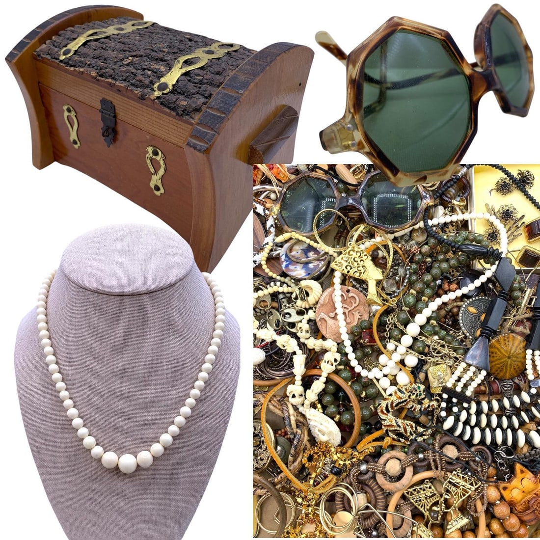 100 pc Natural & Created Vintage Jewelry Collection, French Sunglasses & Wood Bark Jewel Chest (1 of 20)