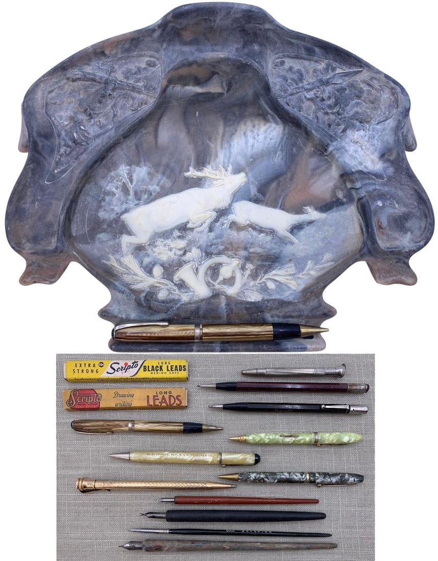 15 pc Incolay Stone Cameo Stag Pen Rest Letter Holder Desk Tray & Vintage Writing Instruments: 11" x 8 1/2" x 2 5/8" Incolay stone tray, dimensional stag and oak detailing, small area of old ink residue inside of the pen rest area, assorted Art Deco to Mid Century dip pens and mechanical pencil