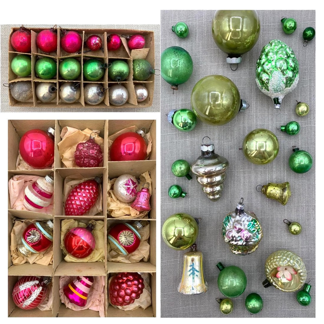 59 Antique to Vintage Lime, Berry & Silver Mercury Glass Christmas Tree Ornaments: One old Shiny Brite box, the base of a Coby and a petite divided Made in Japan box base included, petite Feather tree size to 3", a few of the ornaments with wear and age, fab hues and designs.