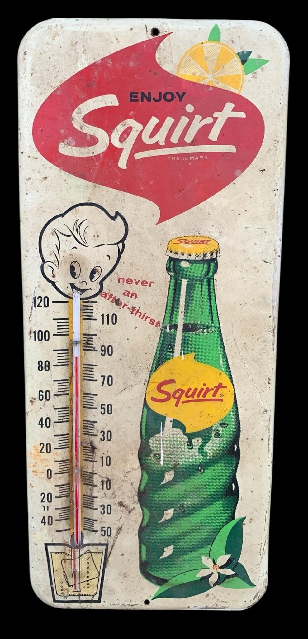 1963 Vintage Soda Shop, General Store, SQUIRT Metal Advertising Thermometer Sign (1 of 6)