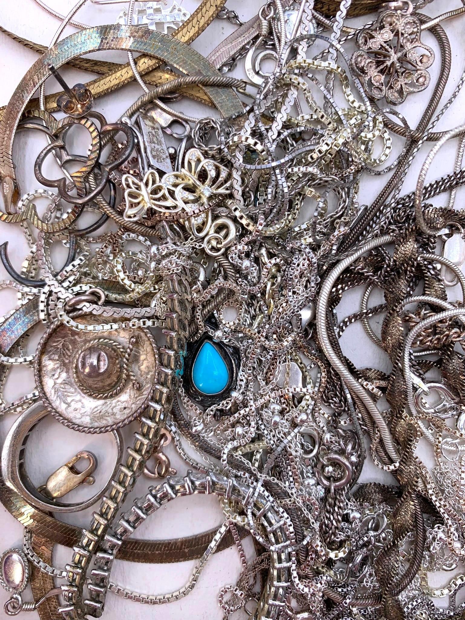 250 GRAMS of Sterling Silver Jewelry: All hallmarked or tested, some damaged or with absent stones, a few gold vermeil over Sterling Silver pieces.
