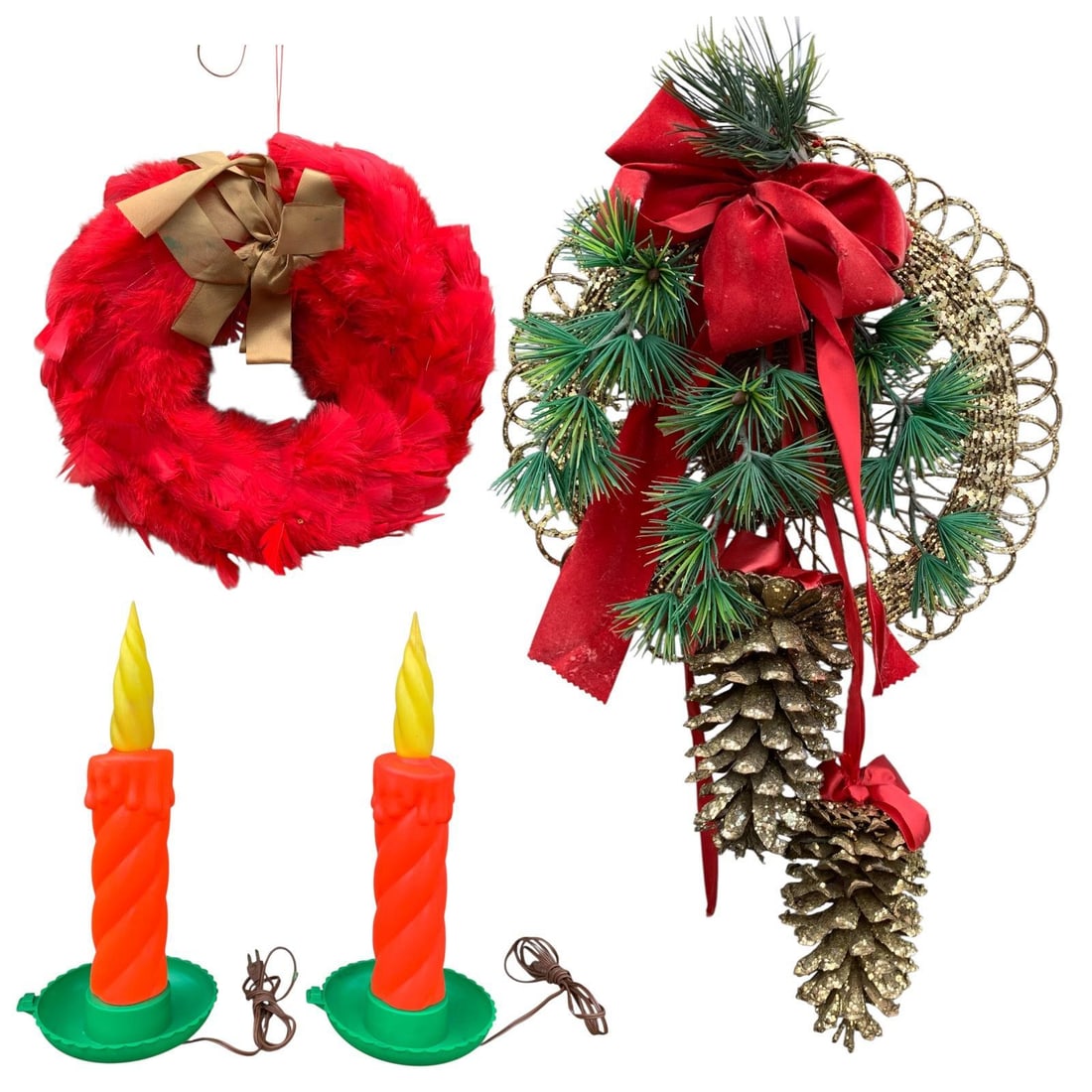 Mid Century Christmas Feather Wreath, Demi Blow-Mold Light up Candles & Pinecone Holiday Decorations: * Pair of 18in34; tall vintage light up Blow-Mold candlestick holiday decorations, one needs a new bulb, original cords/plugs * 13in34; ruby red feather Christmas wreath in a Mid Century holiday decor