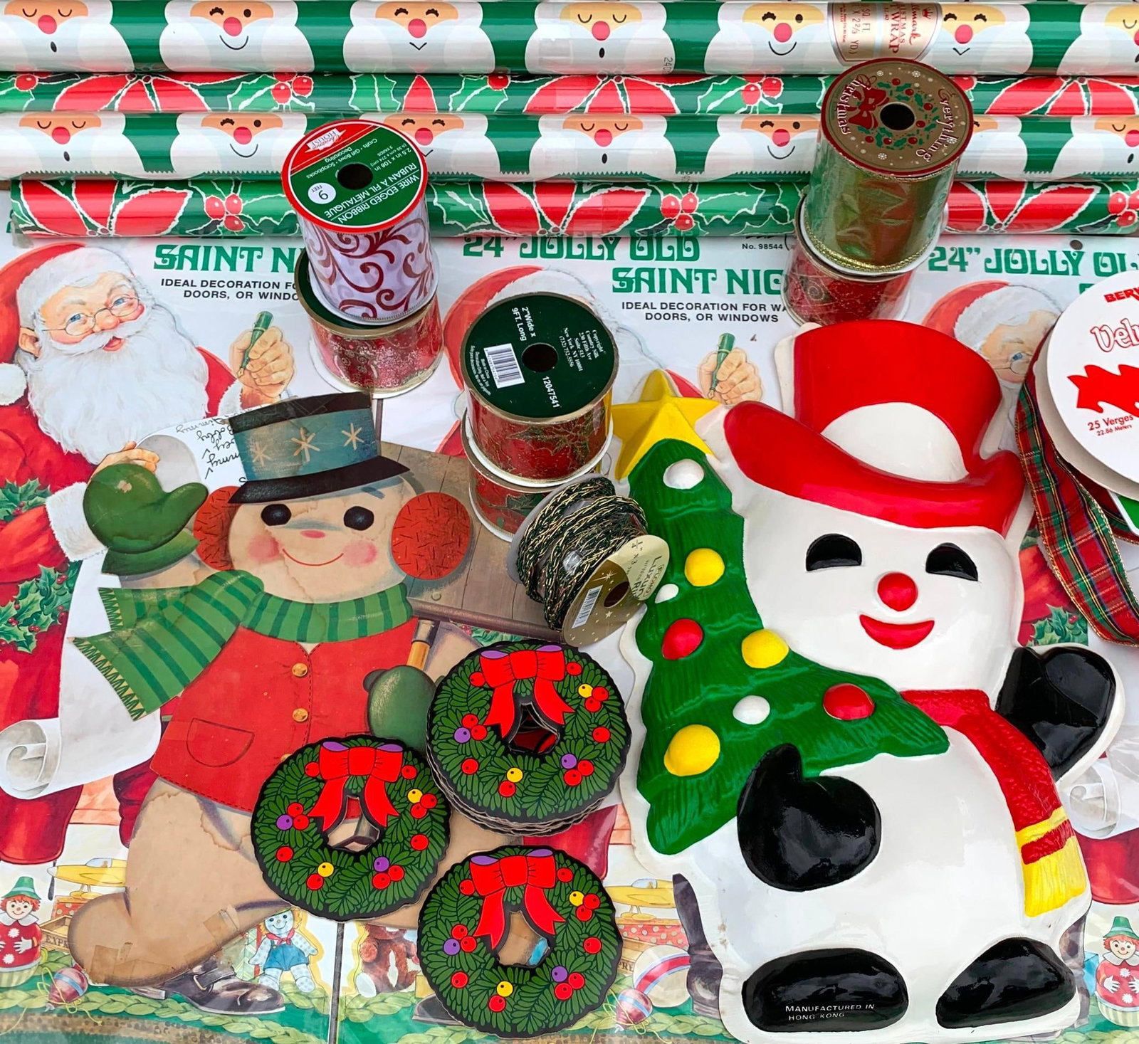 31 pc New Old Stock Christmas Wrapping Paper, Ribbon, Gift Trim, Snowman & Santa Decorations (1 of 16)