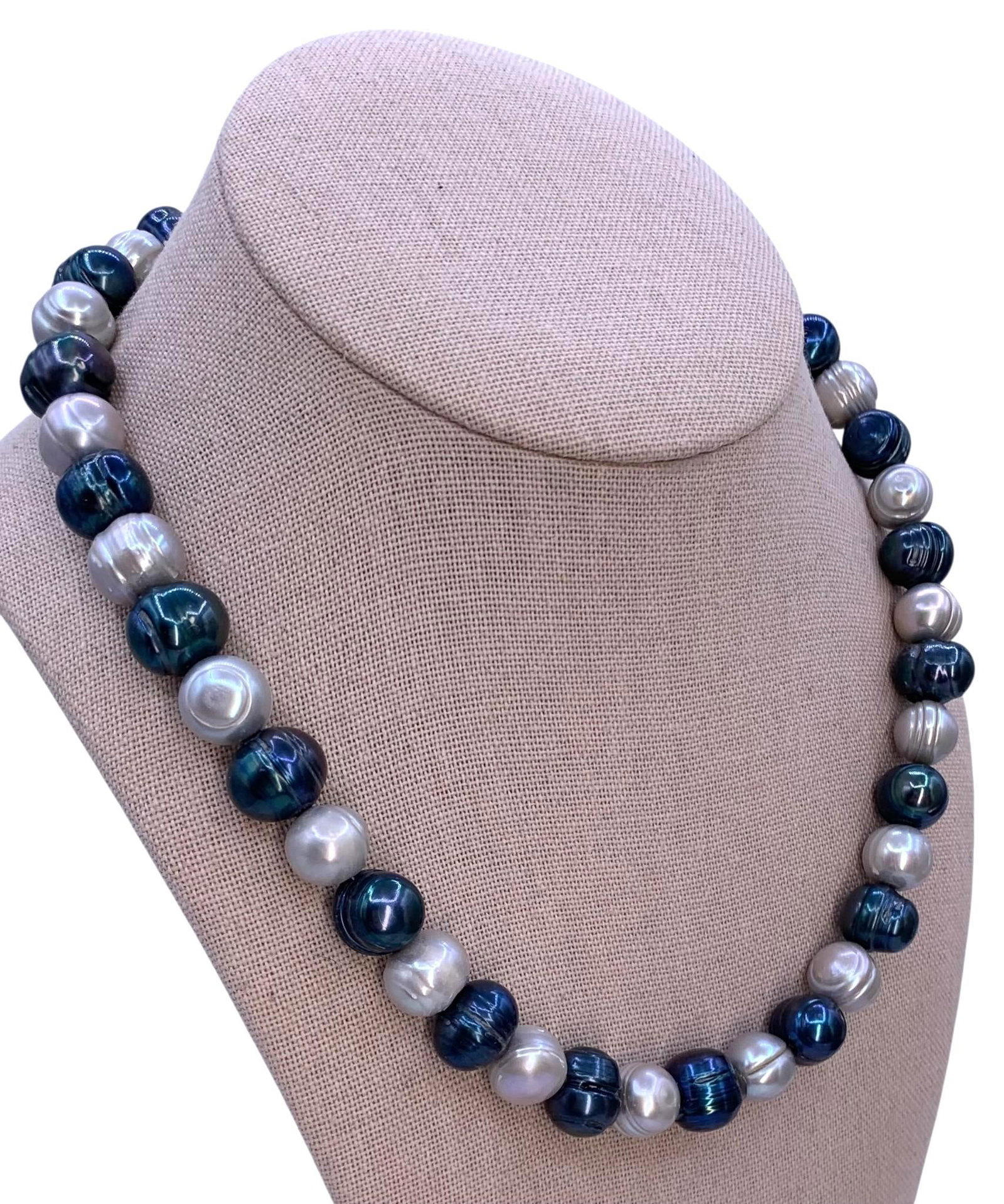 Incredible 12mm-10mm Sapphire Blue & Icy Gray Ringed Freshwater Pearl Necklace: 18 3/8" length, metal wire foundation with toggle closure, Uniquely hued large size ringed Freshwater Pearls, Gorgeous!