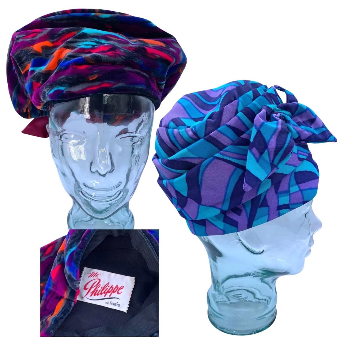 Mid Century Mr. Philippe of Paris Psychedelic Velvet Toque & Custom Made Vintage Ladies Turban Hat (1 of 16)