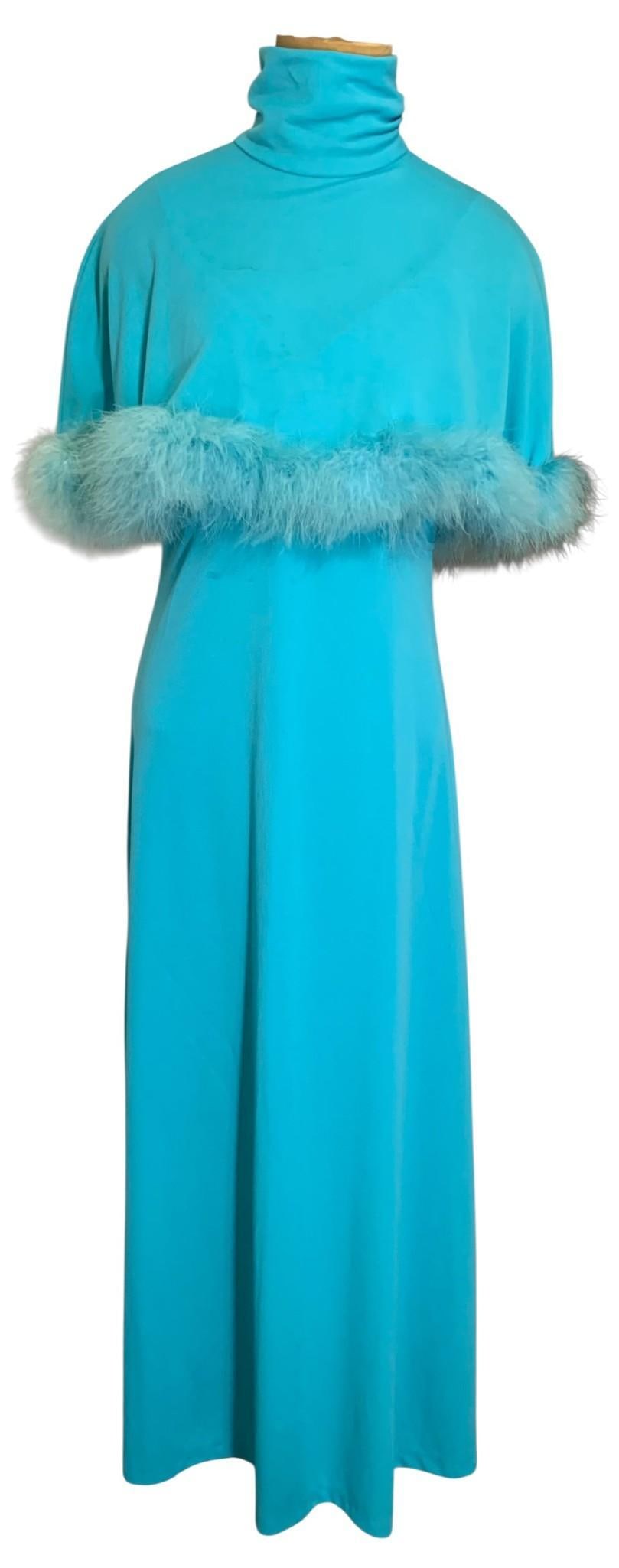 Ravishing Mid Century Turquoise Polyester Spaghetti Strap Maxi Dress and Feather Trimmed Capelet (1 of 14)