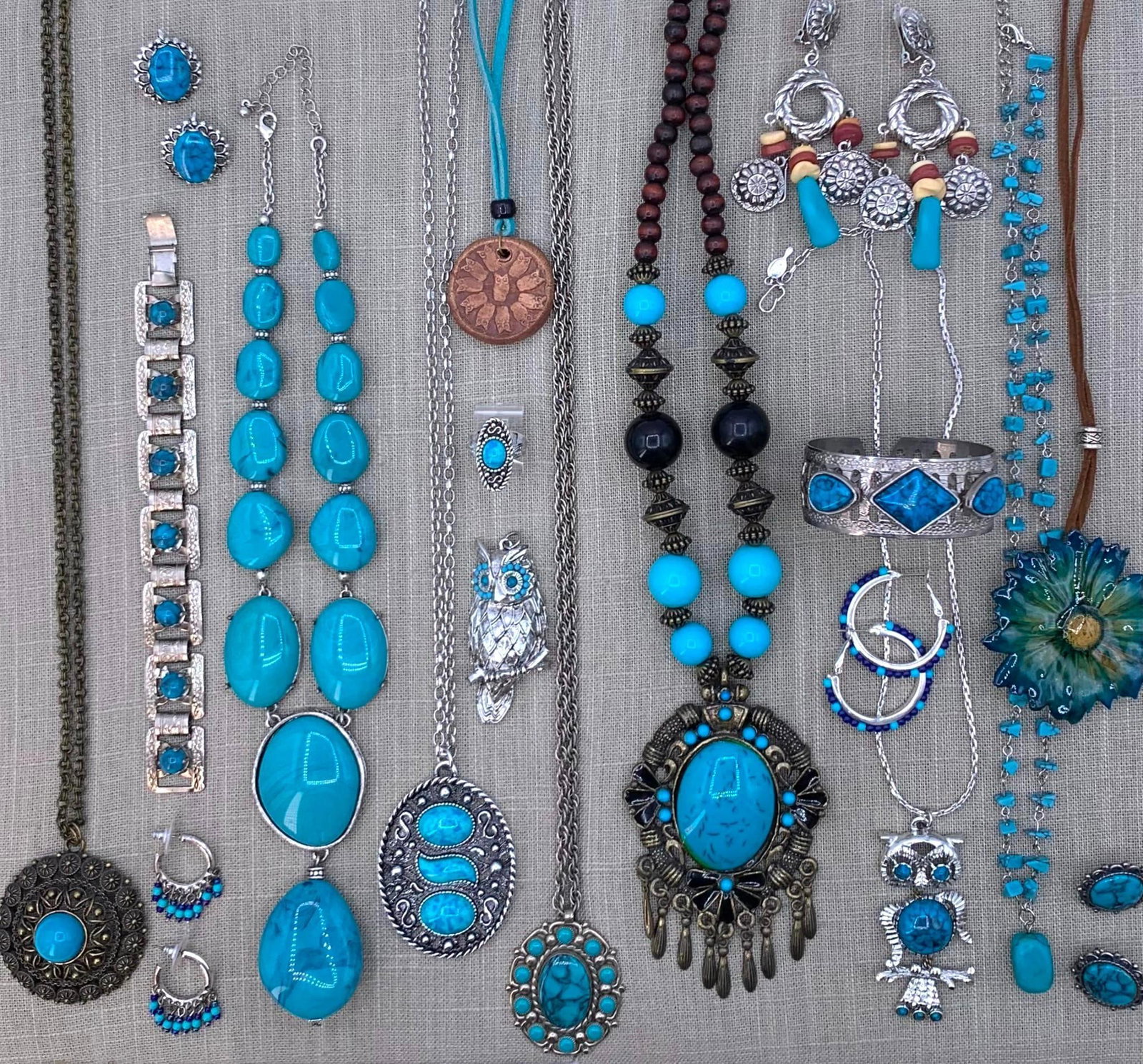 23 pc Mid Century Bold Southwestern Faux Turquoise, Owls, Sarah Cov, Jewelry Collection: Long layering pendant and statement pieces, faux turquoise studded Owls, pottery Owl pendant, artisan made preserved daisy brooch pendant, oversize clip and pierced earrings, openwork cuff, Sarah Cov 
