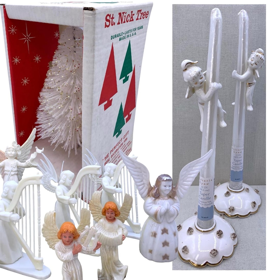 31 pc Mid Century Howard Holt Angel Candle Huggers, NOS Bottle Brush Tree, Star & Angel Collection: 3 pieces with their original boxes, H H Japan stickers present on the base of each candlestick holder, gilding and spaghetti detail, old repairs to a wing on each angle candle hugger as shown, 11" tal