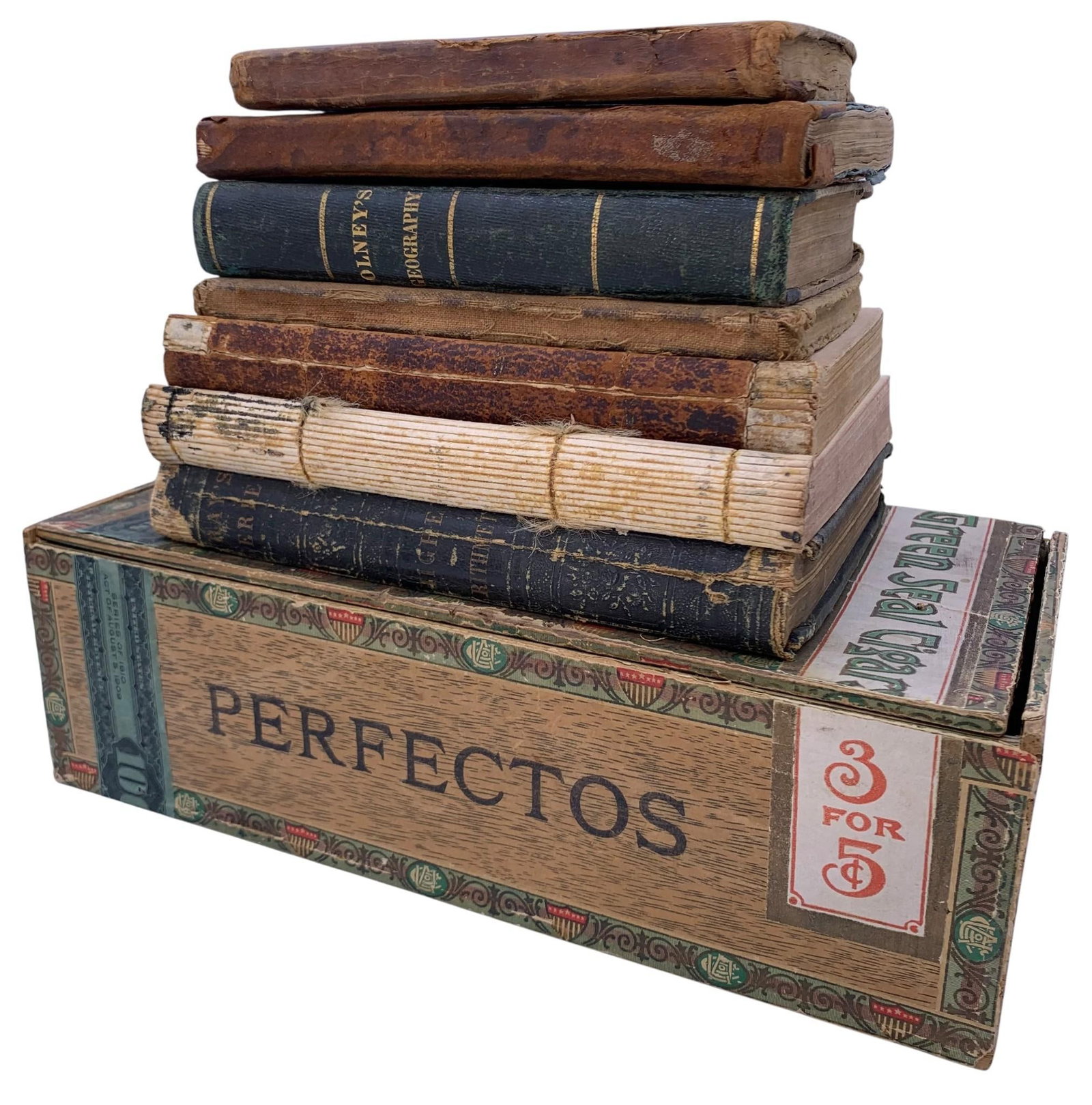 Seven 19th Century 1825-1884 Astronomy, Geography, Spelling, Math, English Language, Grammar Books: Incredible selection of Victorian era books and early wooden Cigar box, age and wear to the materials, two books without their covers, torn pages in some, tissue soft paper pages in the 1820's books, 