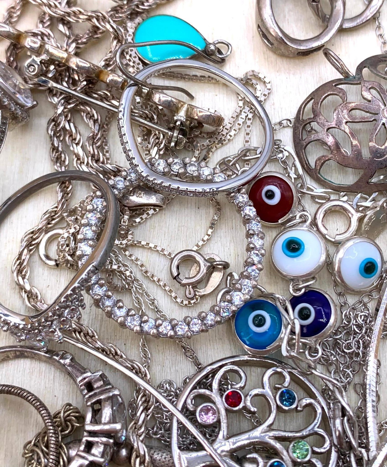 220 GRAMS of Sterling Silver Jewelry: All hallmarked or tested, some damaged or with absent closures, a few gold vermeil over Sterling Silver pieces.