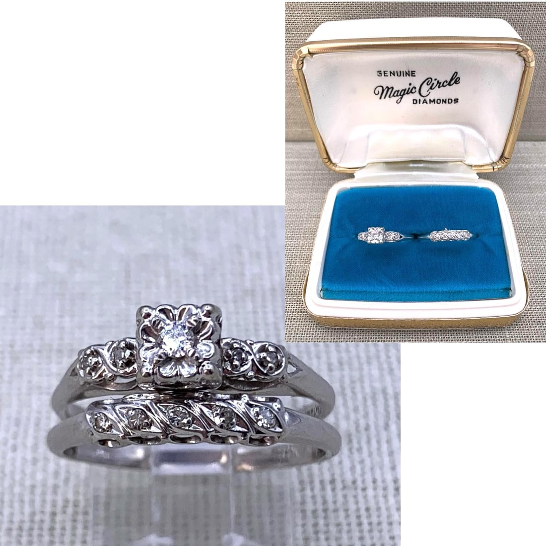 14k White Gold Magic Circle Diamonds Mid Century Feature Lock Bridal & Engagement Ring Set with Box: Size 9, 14k hallmarked Feature Lock 5 diamond wedding band, 14k Glorified hallmarked engagement ring with 2mm central solitaire bracketed by 2 diamonds on each shoulder, raised openwork setting, super