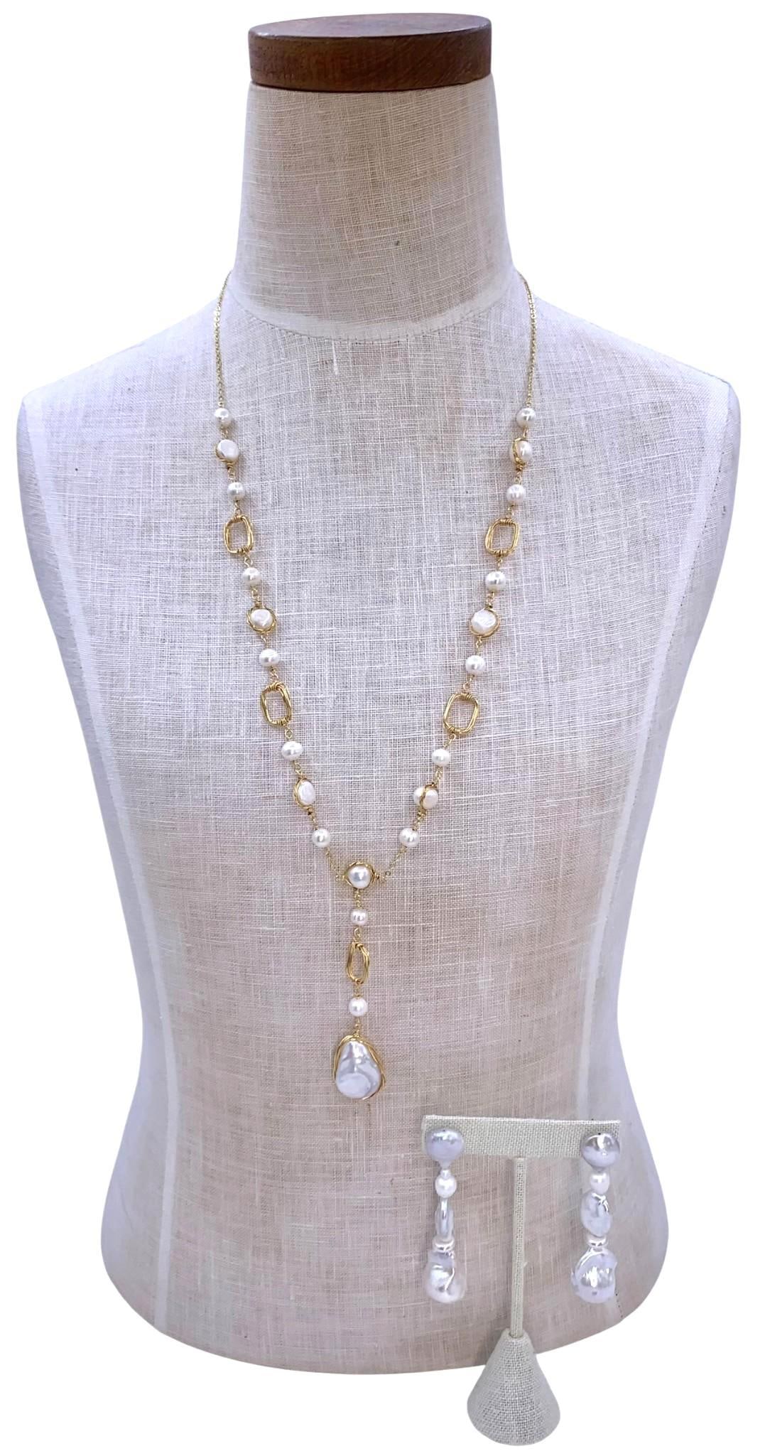 Luminous Baroque Freshwater Pearl Pierced Earrings & Gilded Wire Wrapped Freshwater Pearl Necklace: * 2 3/4in34; length Freshwater Pearl earrings with oversize Baroque pearls, 24mm to 7mm in size, pierced post, BEAUTIFUL! * 21in34; to 23in34; gilded wire wrapped Freshwater Pearl Y necklace, spectacu