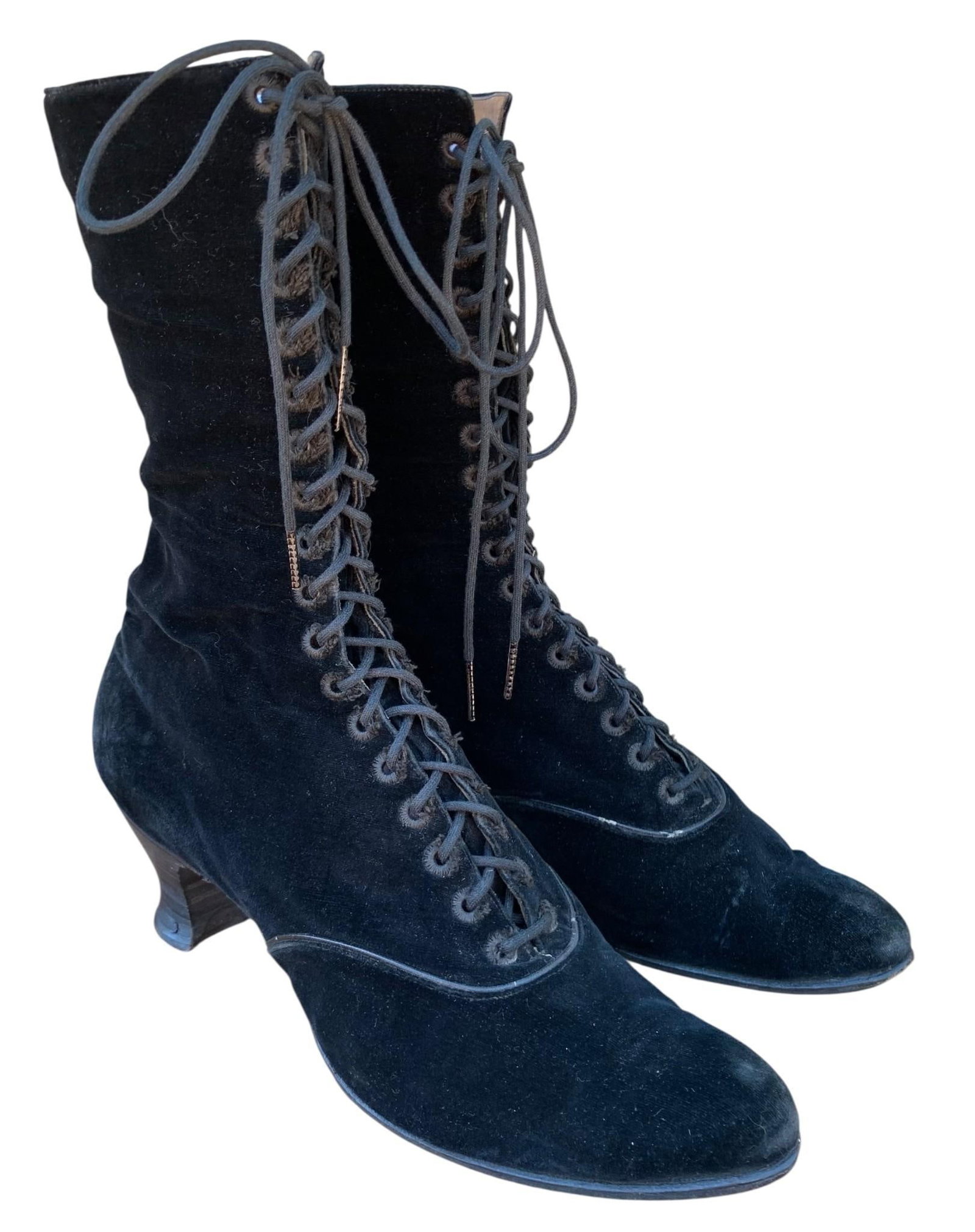 Outstanding Antique Raven Black Velvet High Top Lace Up Ladies Spool Heel Boots (1 of 9)