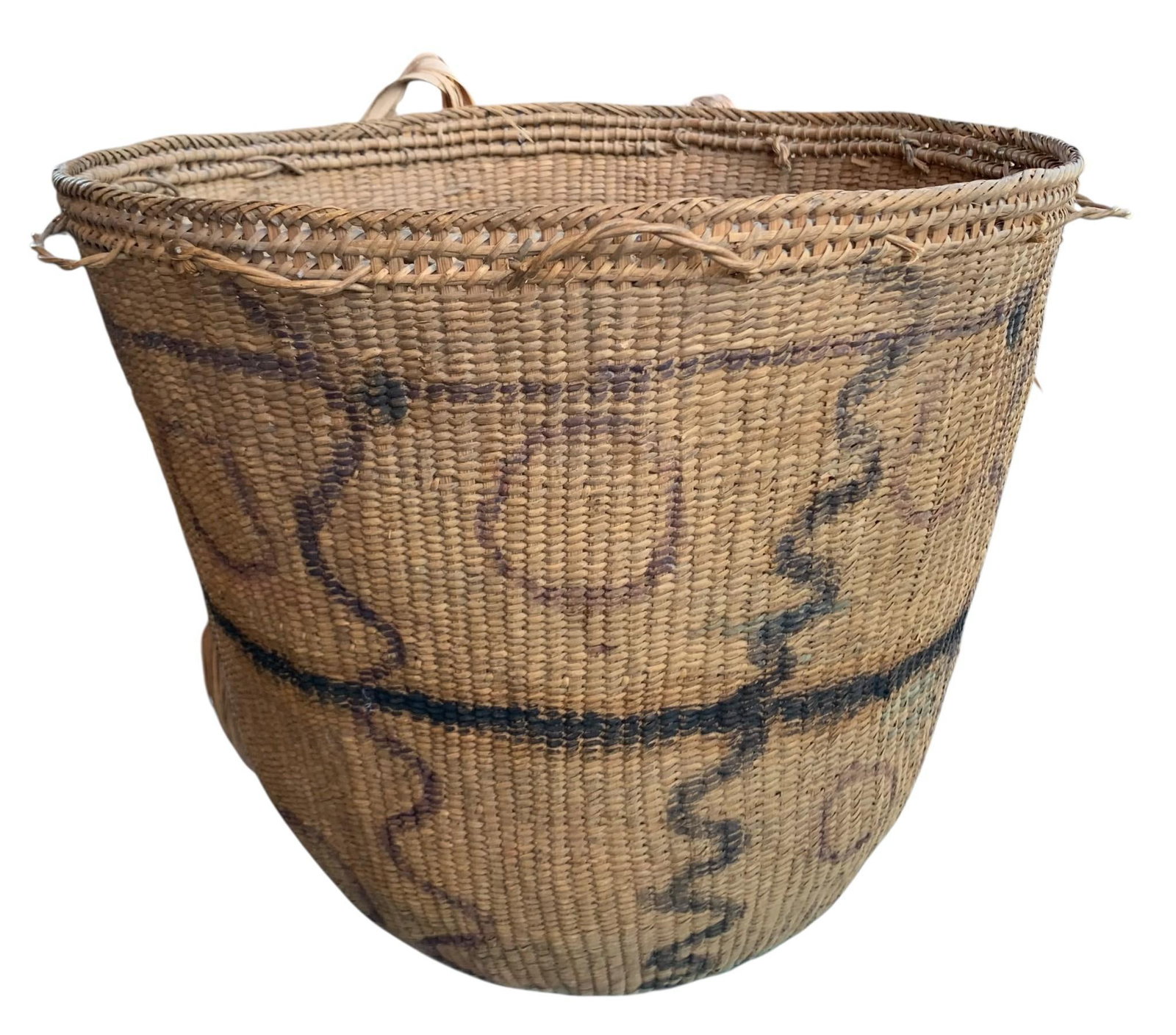 Old South American Hand Woven Yanomami Harvest Basket with Strap: Fantastic natural pigment detailing, tightly woven, large 18" x 16" size, early strap remains intact.