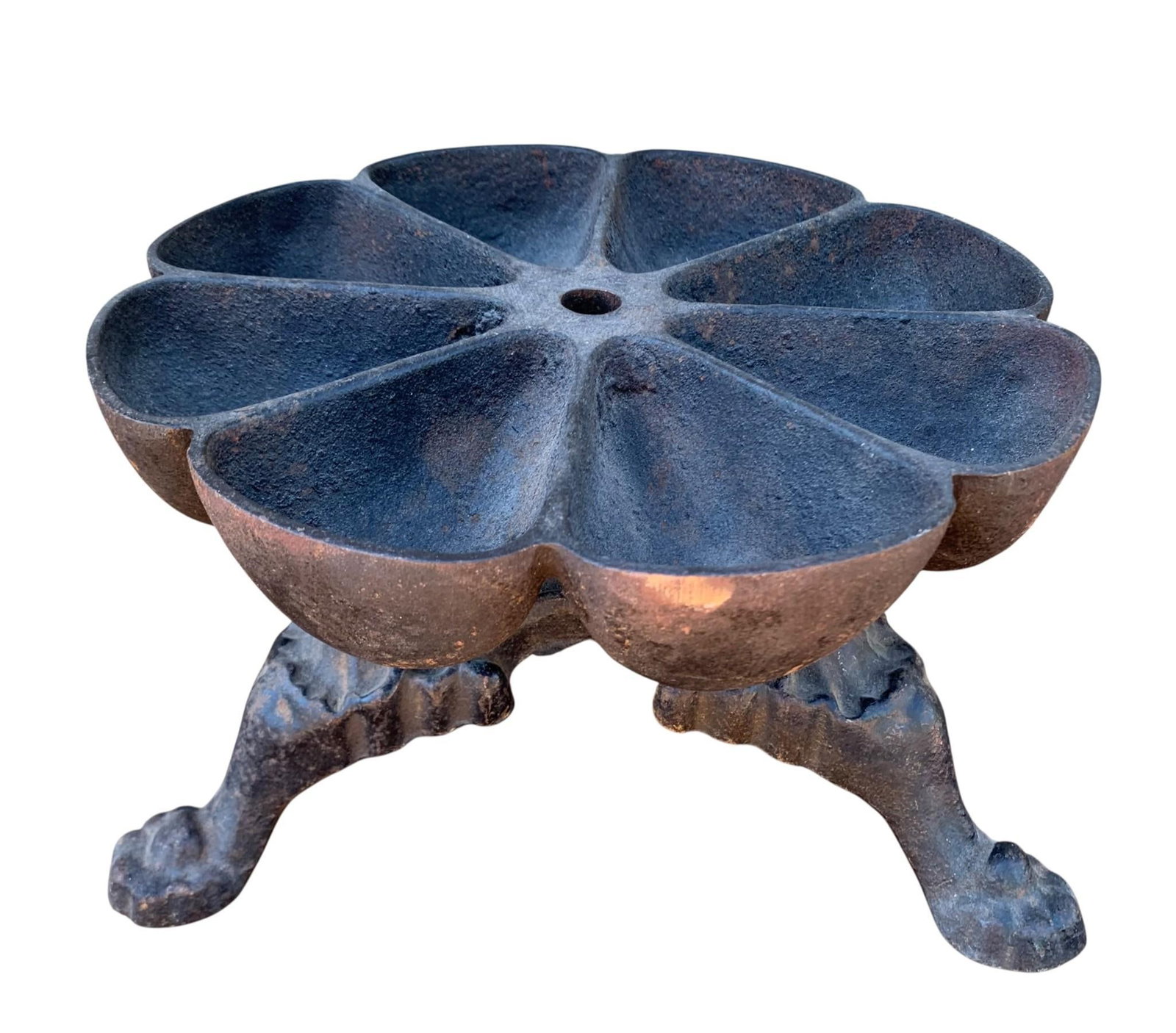 Antique Cast Iron 8 Cubby 3 Footed Rotating Nail Cup Tack Bin Caddy: Folk art crafted piece with ornate 3 footed New York ANNIN & Co base, hefty in weight, pair of thumb screws to secure the caddy top to the base, genuine aged patina, 10 1/2" x 6".