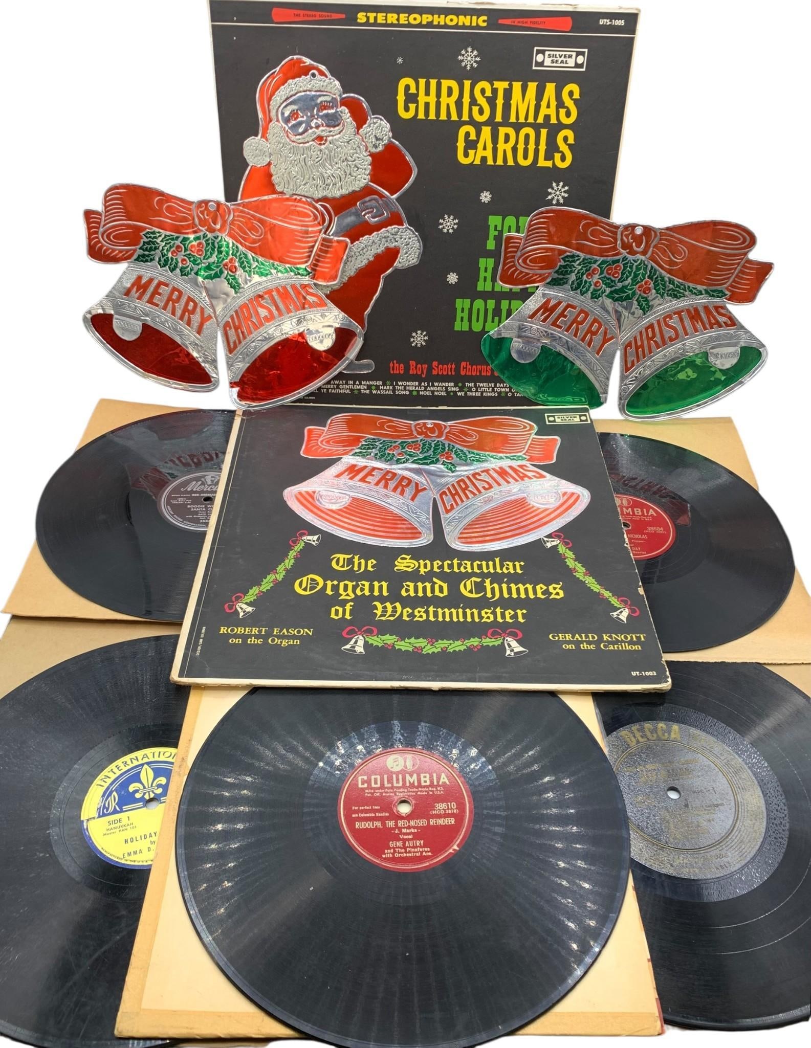 10 Vintage Classic Christmas Carol Records, Picture Records and Black Americana Music: Light age and wear to the materials, each with a sleeve or cover, two extra foil Christmas bell album trim decorations included.