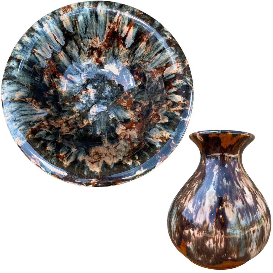 Fantastic 1920s McCoy Onyx Glazed Pottery Vase & Bowl: * 9 3/4in34; x 3 7/8in34; bowl, incredible glaze, hefty in weight, no structural issues * 6 1/4in34; x 5 1/2in34; vase, 731 marked on the underside, no structural issues