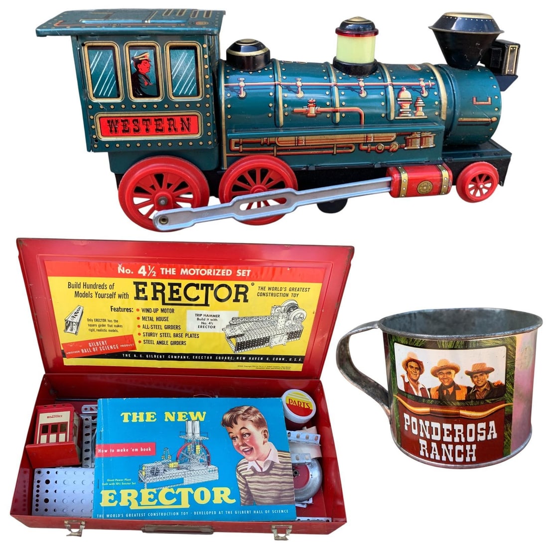 1947 The Constructioneer, MARX Western Tin Litho Train, Old Erector Set, Tin Mug & Doll House Toys (1 of 20)
