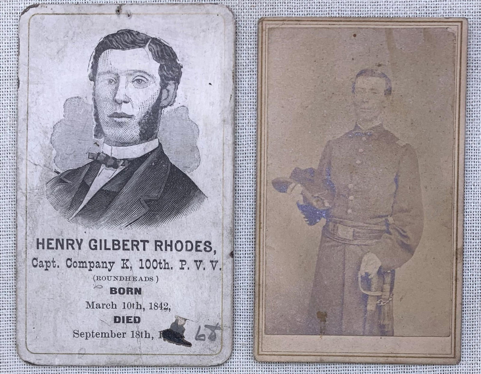 Civil War Roundheads Captain Henry Gilbert Rhodes Co K 100th P.V.V. CDV, Death Card & Ephemera: Historical Civil War Ephemera collection of Capt. Henry Gilbert Rhodes - mustered into the 100th Pennsylvania? Aug. 31 1861...promoted thru the ranks to Captain Oct. 17 1864, amongst the Roundheads wh
