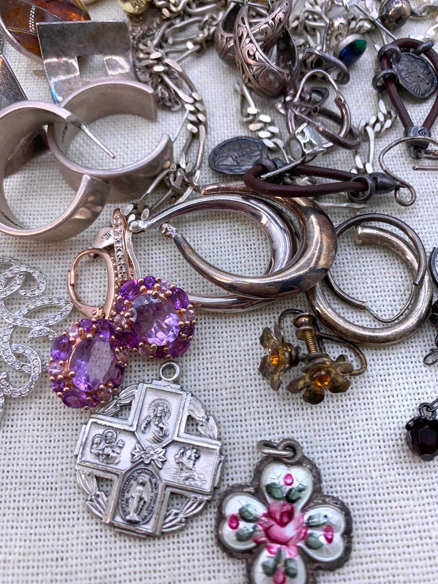 260 GRAMS of Sterling Silver Jewelry: All hallmarked or tested, some damaged or with absent closures, a few gold or rose gold vermeil over Sterling Silver, one pair of earrings has a brass disk suspended over the Sterling.