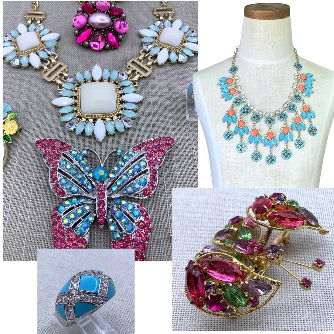 25 pc WEISS Trembler Butterfly, Sterling Silver, Opulent Jewelry Collection: Dramatic assortment of statement collar necklaces, jeweled brooches and earrings, WEISS trembler butterfly, enamel, tumbled natural stones, Mid Century Sarah Cov, 925 hallmarked domed enamel ring (siz