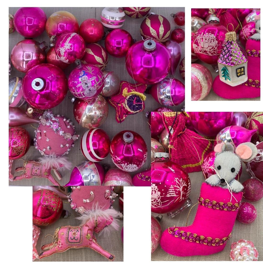 43 Vibrant Candy & Magenta Pink Glass, Velveteen, Straw & Satin Christmas Tree Ornaments (1 of 16)