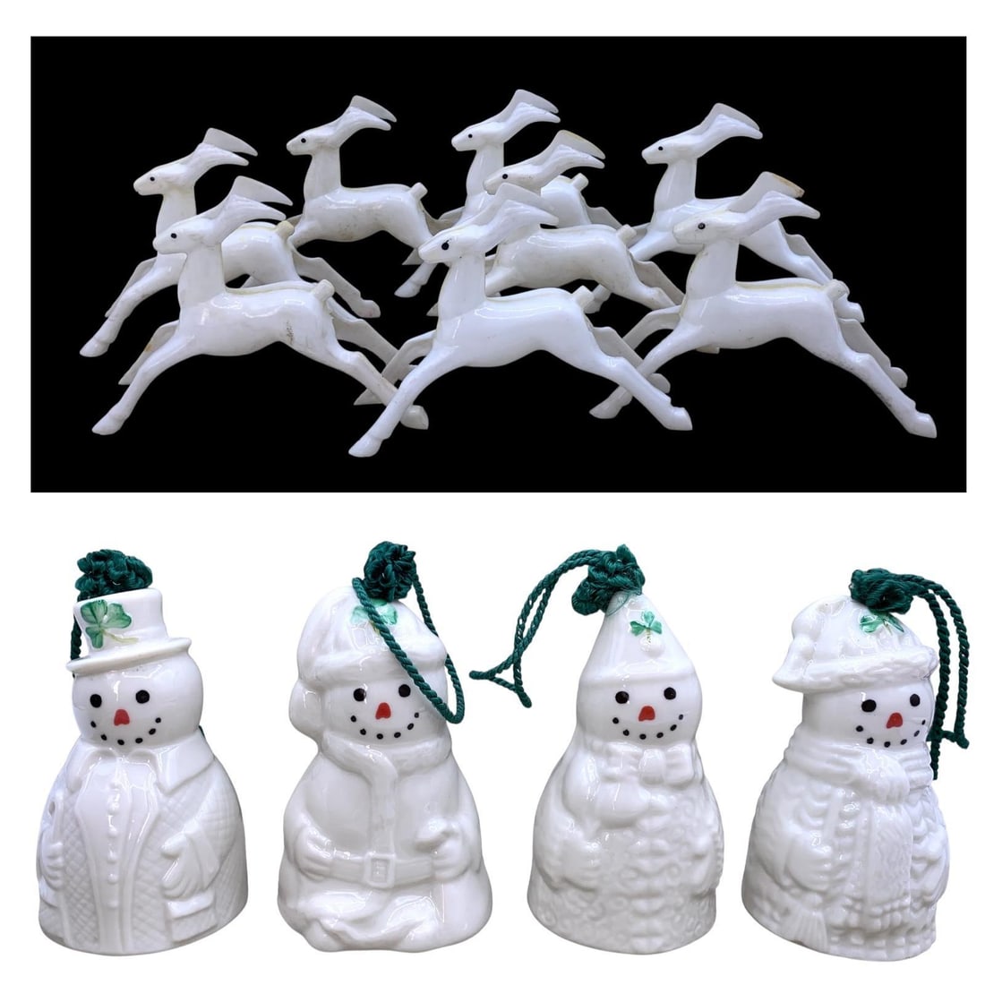 16 pc Irish Belleek Snowmen Bells, SPODE Christmas Tree Porcelain, Rosbro Deer Holiday Decorations (1 of 20)
