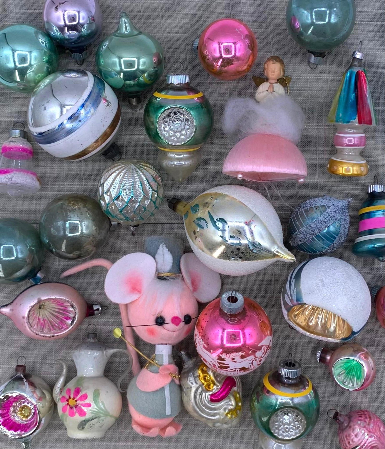 42 Light Pink, Mint Green, Mercury Glass, Felt & Satin Christmas Tree Ornaments (1 of 12)