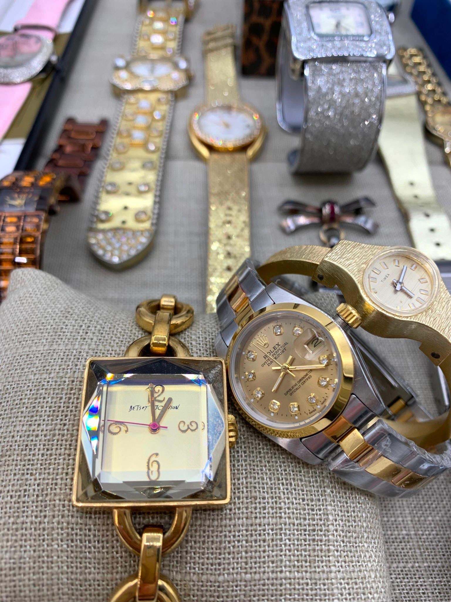 24 Vintage Wittnauer Polara, Elgin, Faux Rolex, Andre Bouche, Gruen, MCM Galmor, Watch Collection: Diverse assortment with some accompanied by their original box, working MCM Galmor 1/20th 12k wind up jeweled brooch watch, glitzy Betsy Johnson, atomic Wittnauer Polara with ruby crystal (small nip t