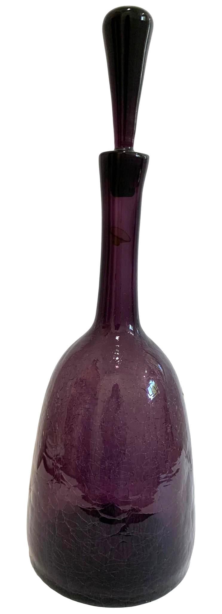 LARGE Mid Century Blenko Crackled Purple 18 inch Art Glass Decanter with Elongated Ombre Stopper: Huge 18 1/2" x 6" (total height with ground base stopper), pontil on the underside, partial Blenko silver metallic label remains, hefty in weight, superb grape purple hue and crackled finish, no struc