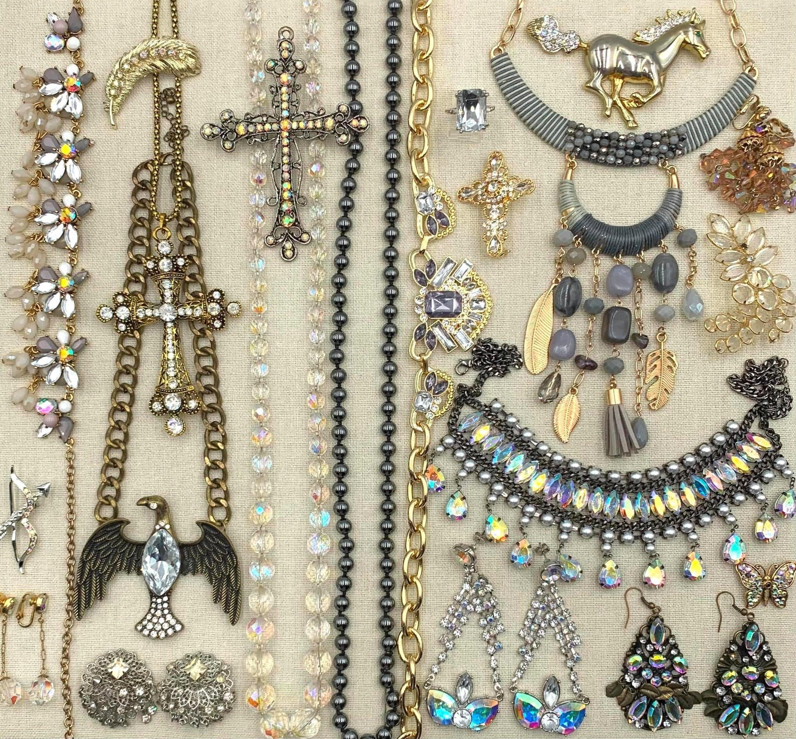 Dramatic 26 pc Spead Winged Eagle, Aurora Borealis, Egyptian Rhinestone Collar Statement Necklaces: Incredible assortment of adornments, working closures, over the top designs, chandelier earrings, statement necklaces, vintage brooches, large crosses, hefty hematite bead necklace and more!