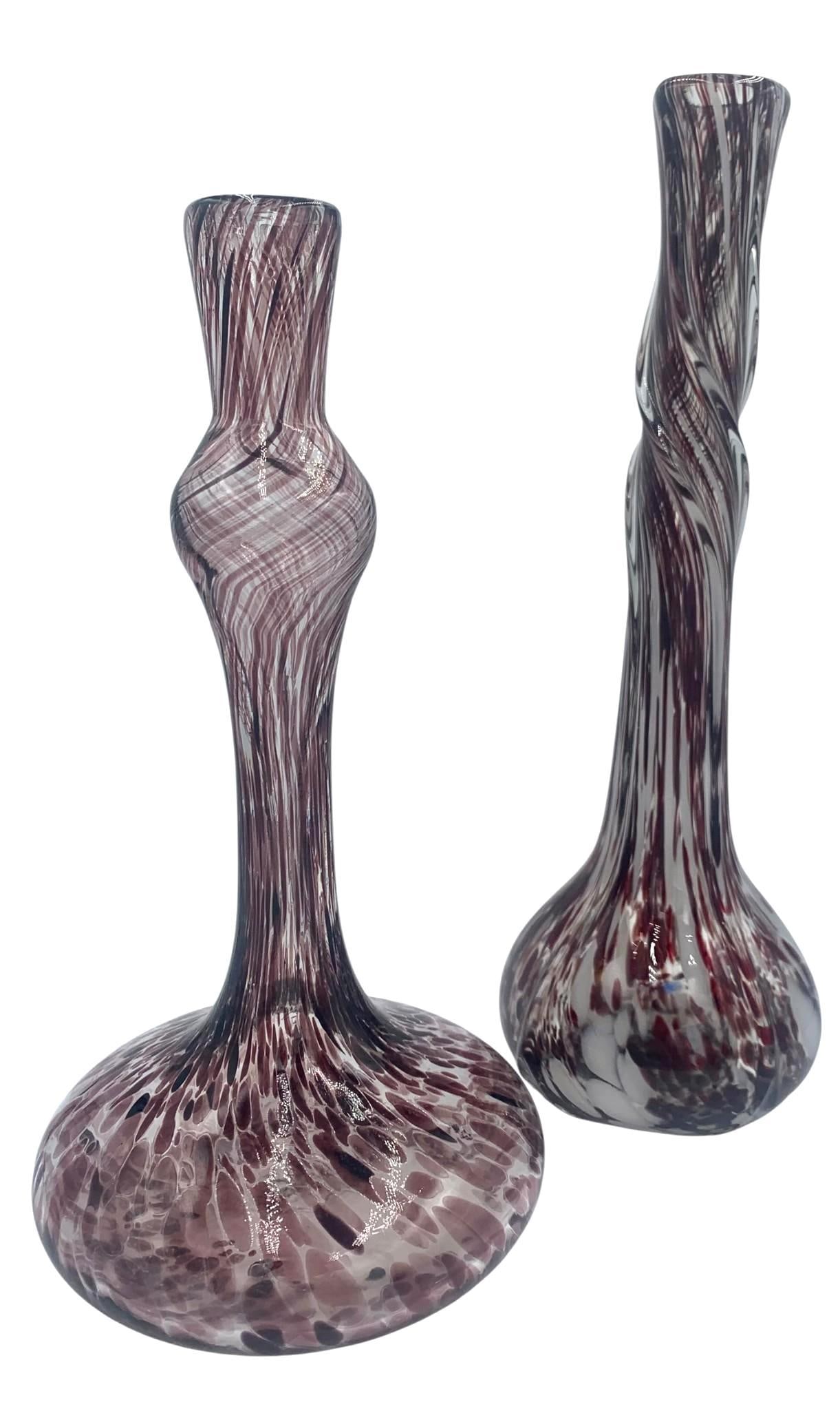 Pair of Large Mid Century Italian Garnet Speckled Art Glass Abstract Vases, Artist Made Sculptures: 14 1/2" to 12 1/2" height, pontils on the base, beautiful organic designs, one of a kind artisan made pieces with no structural issues.