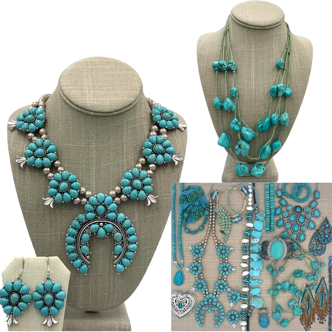 23 pc Bold Faux Turquoise Squash Blossom, Polished & Tumbled Stone, Brighton, Jewelry Collection: Fantastic assortment of polished natural stones, oversize statement pieces, art glass, Brighton double mirror compact, tumbled nugget and slab stone necklaces, dramatic faux turquoise squash blossom n