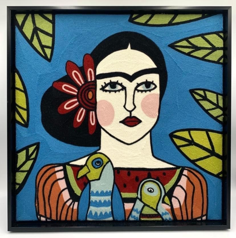 Fantastic Folk Art Woven Embroidery Artist Frida Kahlo Framed Wall Art Portrait (1 of 5)