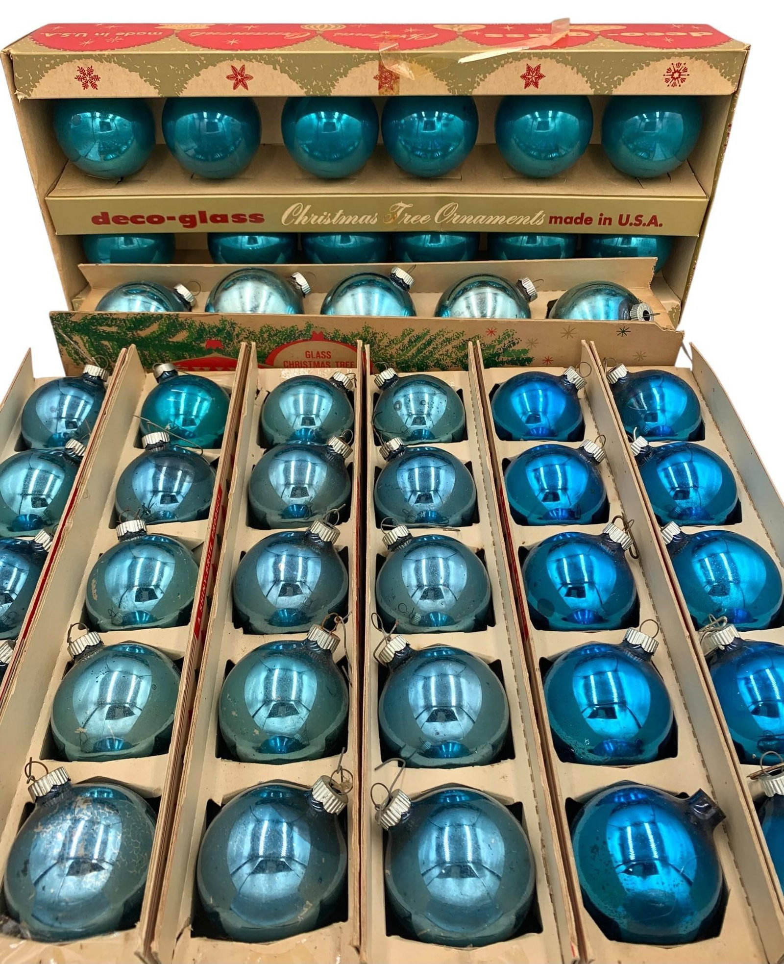 47 pc Mid Century Shiny Brite USA Aquamarine & Cobalt Blue Glass Christmas Tree Ornaments (1 of 8)