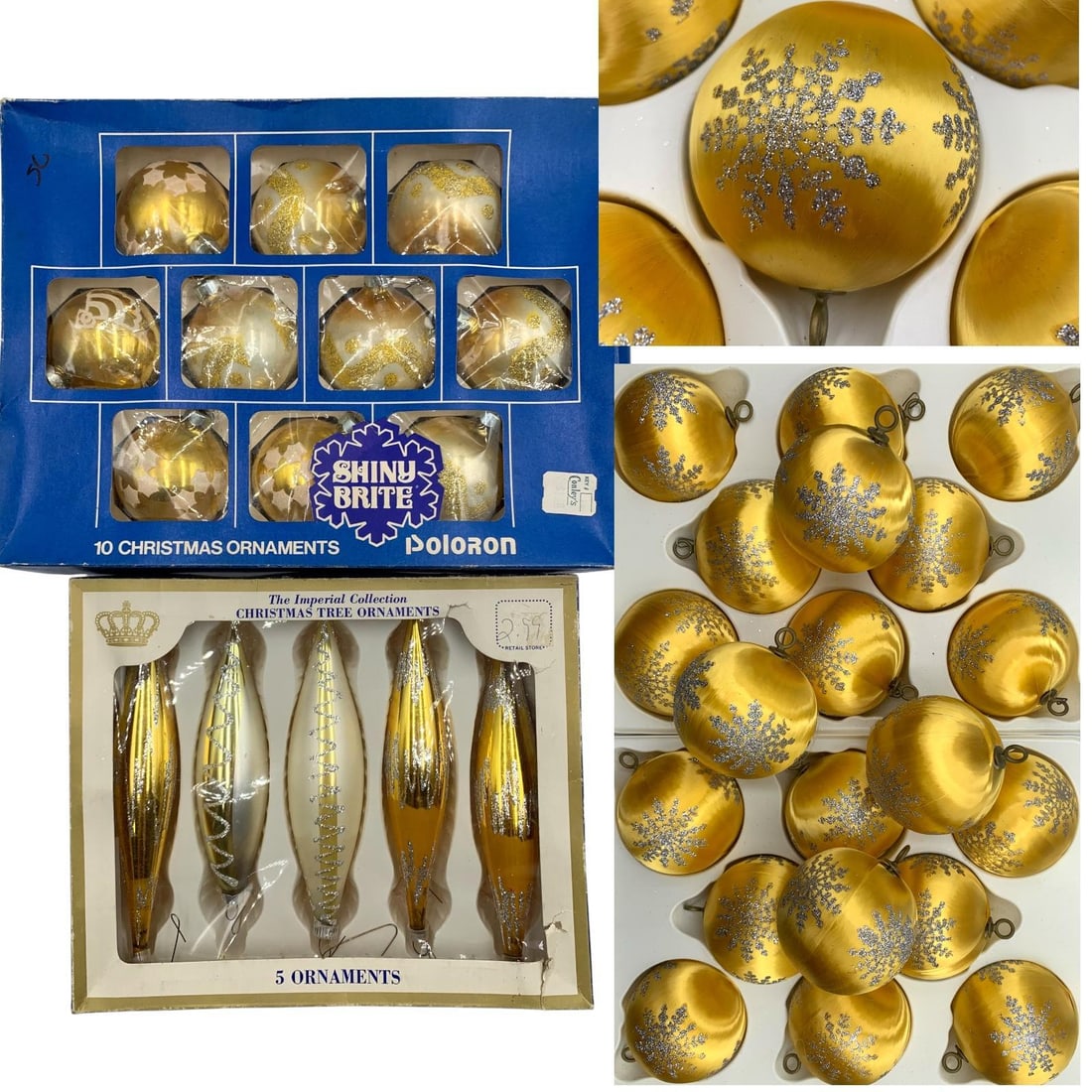 35 Vintage Austrian, Shiny Brite, Glass & Satin Wrapped Christmas Tree Ornaments: Two vintage boxes included, glitter trimmed, golden mercury glass and satin wrapped.