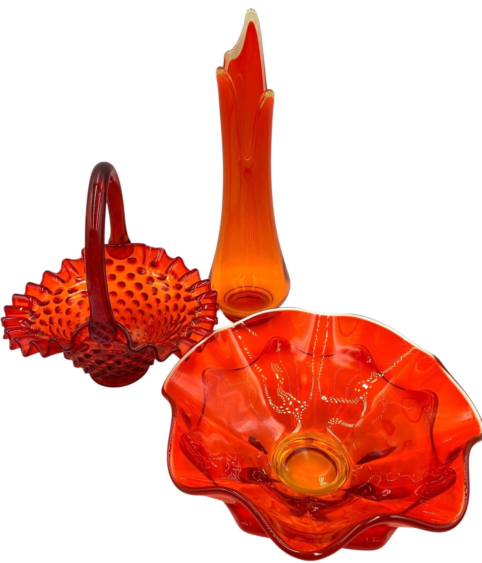 3 Mid Century L E Smith Swung Vase, Fenton Hobnail Basket, Viking Amberina Footed Bowl Art Glass Pcs (1 of 15)