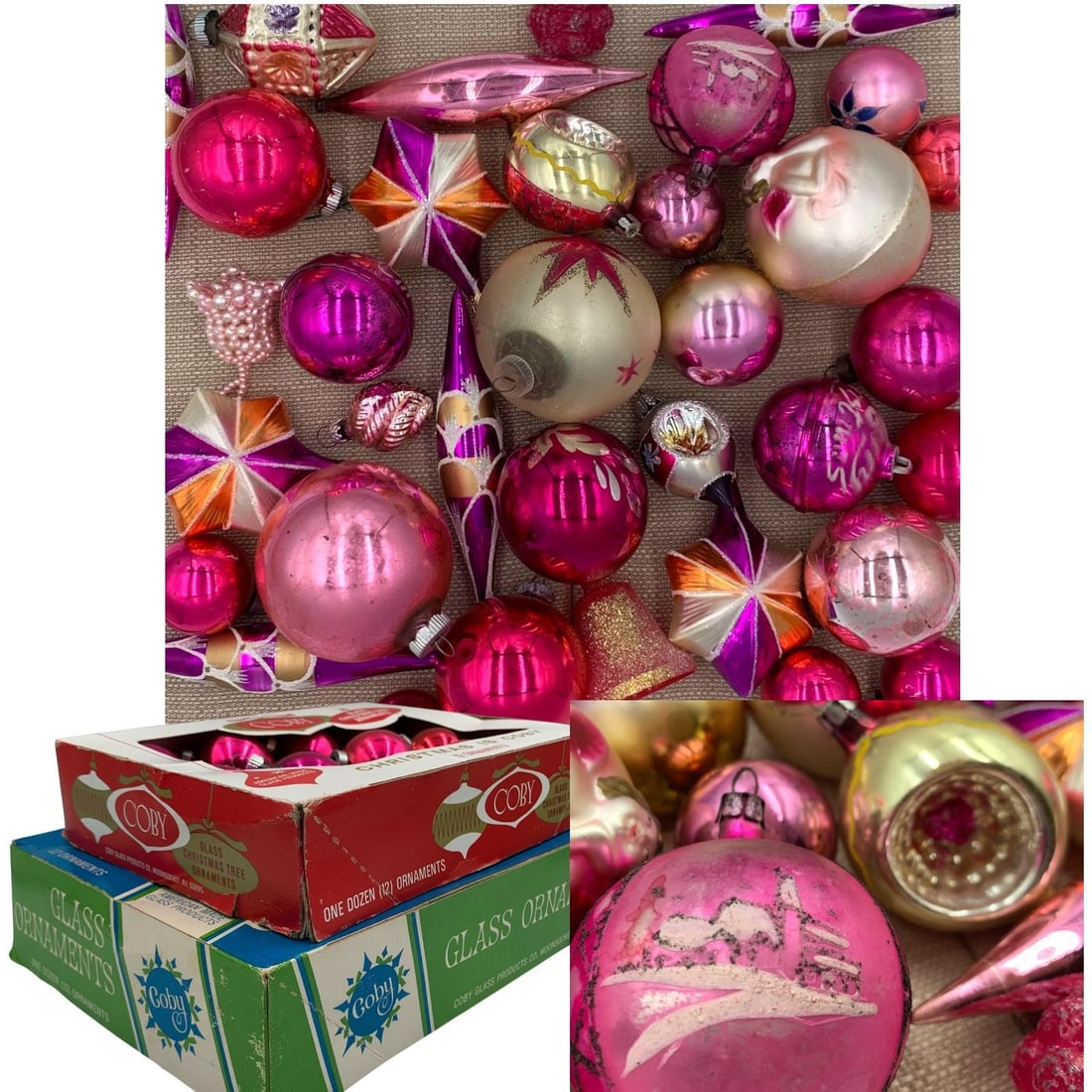 64 Antique to Vintage Magenta, Tangerine, Plum Glass Christmas Tree Decorations (1 of 14)