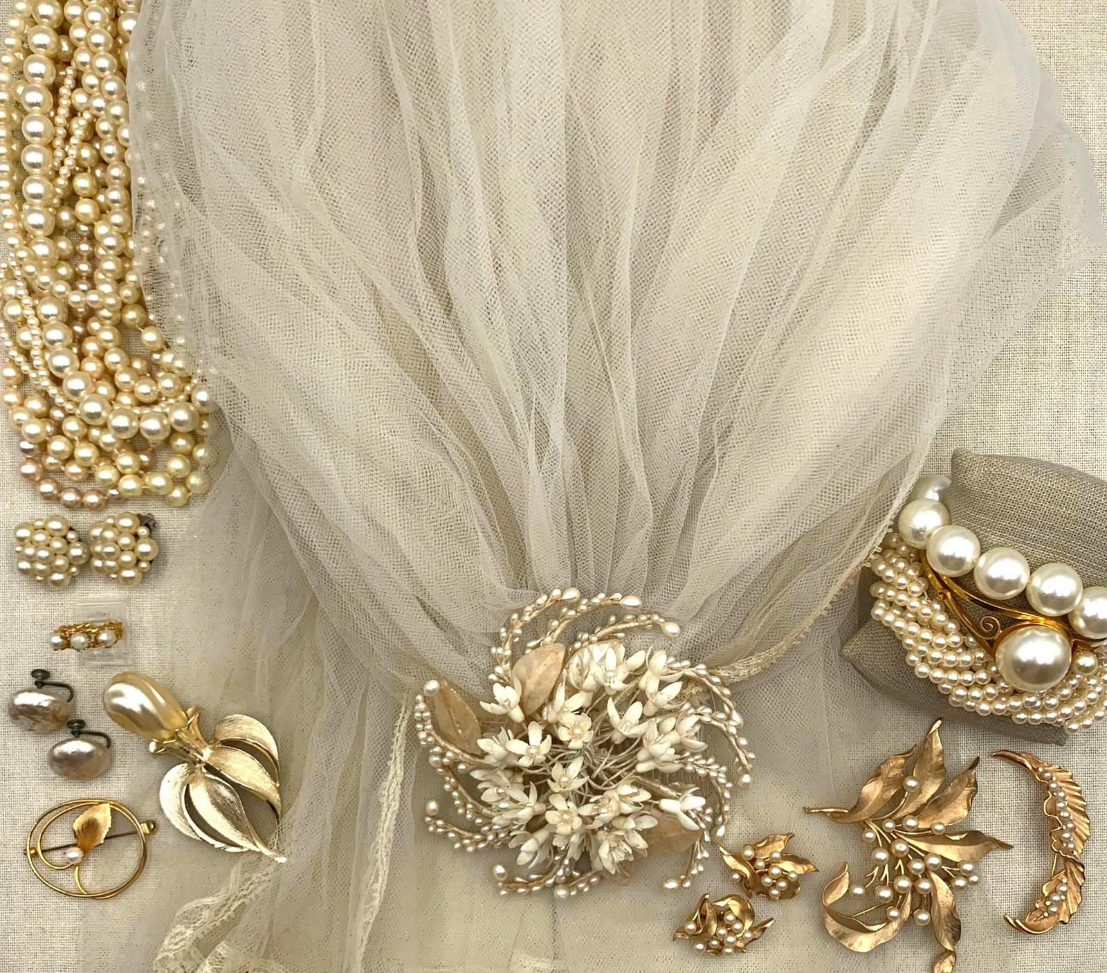 Vintage Orange Blossom Wedding Veil & 19 pc Trifari, Sarah Cov Faux Pearl Jewelry Collection (1 of 17)