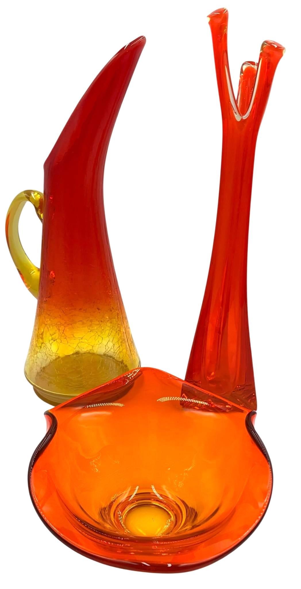 3 pc Mid Century Kanawha Amberina Crackle Pitcher, Viking 3 Foil Amberina Swung Vase, Persimmon Bowl (1 of 14)