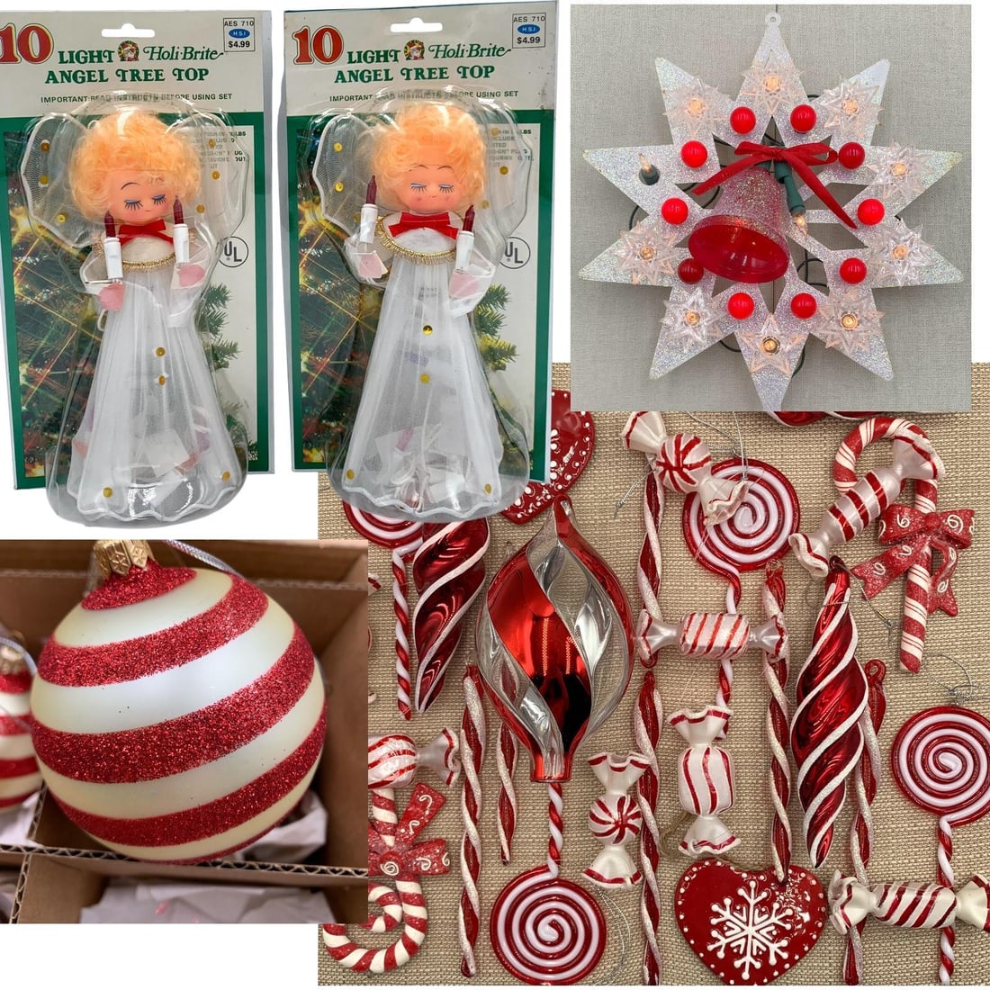 60 pc Vintage Peppermint Candy Christmas Ornaments, Light Up Star & NOS MCM Angel Tree Toppers (1 of 8)