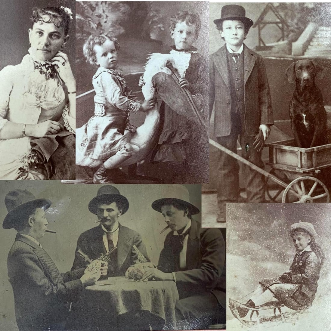 46 Victorian Era Tin Types, CDV Photographs, in Antique Leather Covered Album: Unusual array of Victorian era images...Card playing cigar smoking gun toting gents, young boy with his pup in a goat wagon, beautiful children with toys and studio props, lovely ladies, refined and d
