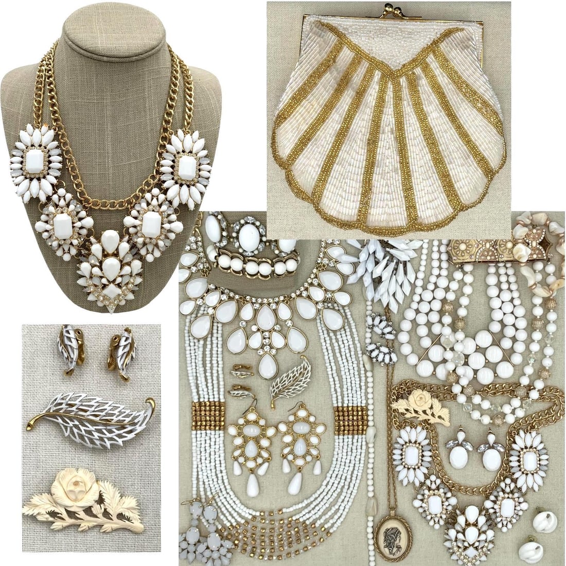 Luxe 28 pc Vintage White & Cream Jewelry, Glass Seed Bead Purse, Collection: Mid Century to 90s glamour, draped cocktail and statement necklaces, huge chandelier earrings, glittering bracelets, hand carved natural material rose brooch, Mid Century Sarah cameo pendant, Monet si