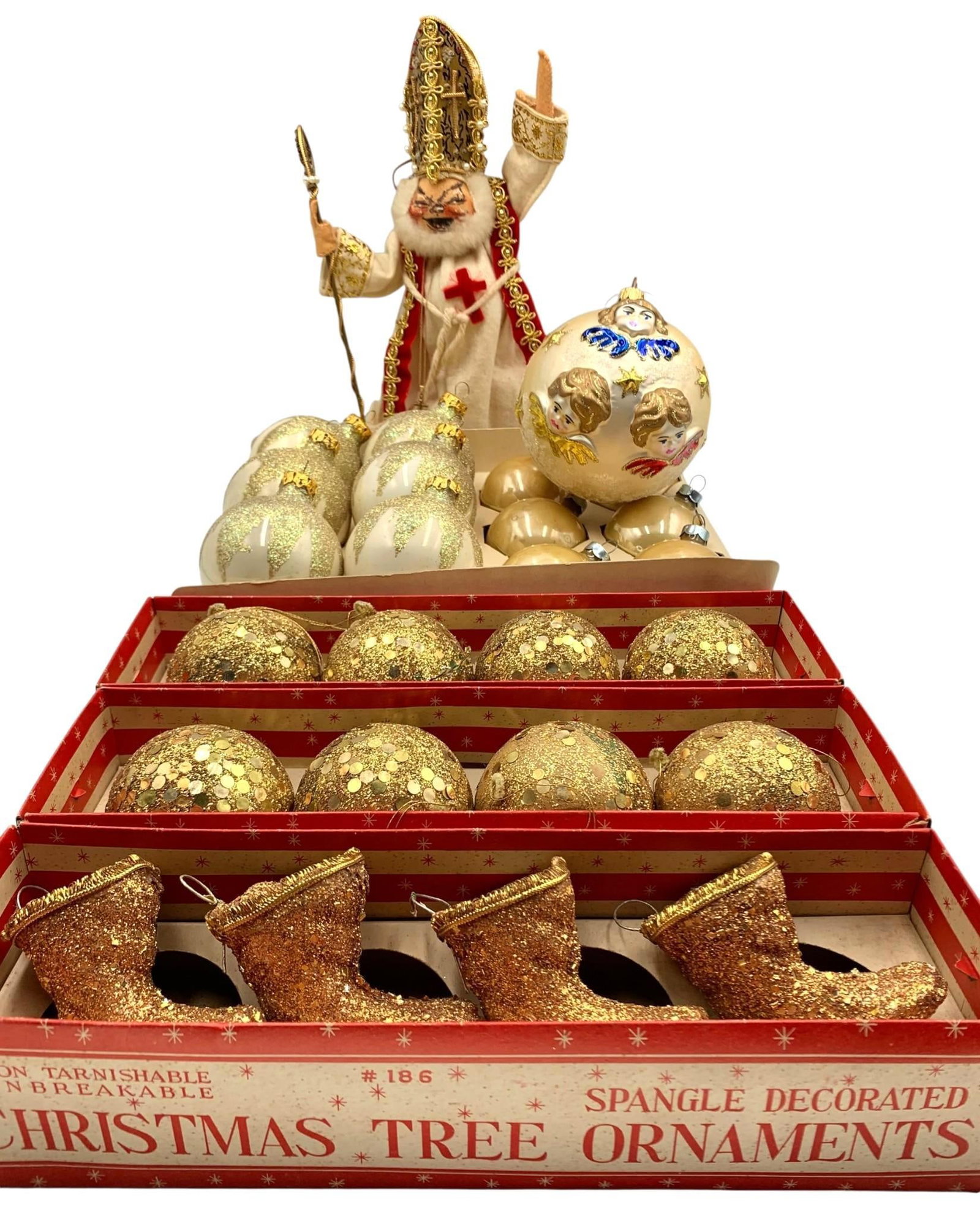 30 pc Vintage Gold Christmas Ornament & Bishop/Cardinal Tree Topper Collection: 3 Mid century ornament boxes included....12 confetti glitter round bulbs and boot ornaments, 9 burnished gold Shiny brite glass bulbs, 7 gold glitter glass bulbs, 1 oversize 4" embossed glass angel bu