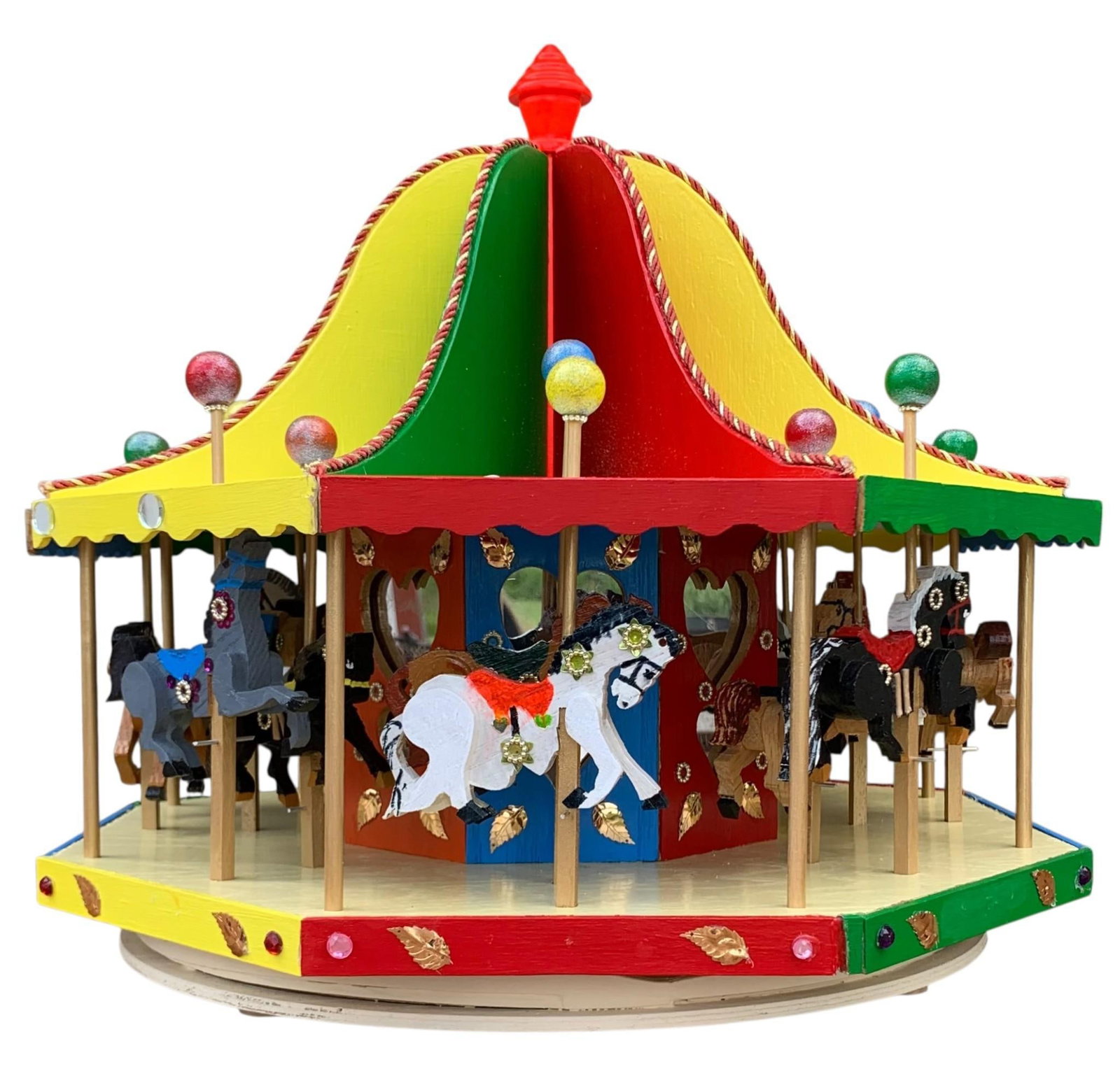 Vintage Musical Handmade Folk Art Carousel Merry go Round with Display Case: Hand crafted with amazing details, removable plexi-lens wood framed lift off case lid with wood base, working music box, 20" x 20" x 17", a few missing jewels and one absent ball trim.